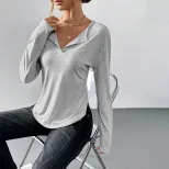 Womens V Neck T Shirt Loose Fit Solid Color Casual Style Spring Summer Essential Wholesale Avail