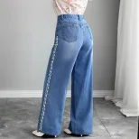Loose Fit Pearl Lace Wide Leg Jeans Simple Fresh Design Casual Wear for Women Wholesale Availabl