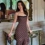 Brown Polka Dot Print Lace Trimmed Cami Dress Summer Vacation Style Asymmetrical Hem Wholesale Available