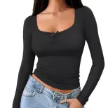 Womens U Neck Fitted T Shirt Minimalist Design Spring Summer Style Bodycon Fit Comfortable Fabri
