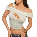 Off Shoulder T Shirt Summer Style Hollow Out Design Short Length Womens Fashion Top Wholesale Av