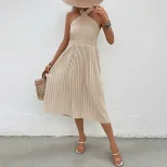 Womens Summer Dress Solid Color Halter Neck Pleated Design Vacation Casual Wear