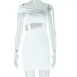 Casual Bodycon Dress Solid Color Asymmetrical Neckline Off Shoulder Patchwork Design Trendy for