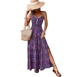 Purple Floral Print Backless V Neck Maxi Dress for Beach Vacation Casual Wear Wholesale private label