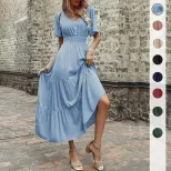 Elegant Summer V Neck Ruffled Hem Dress Slim Fit Solid Color Versatile Style Perfect for Casual