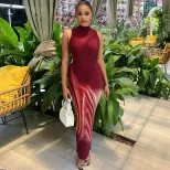 Sleeveless Stand Collar Dress Fashionable Floral Print Mid Length Sexy Elegant Bodycon Style Per