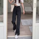 速卖通牛仔裤女2022冬季新款韩版高腰显瘦百搭直筒拖地阔腿长裤潮