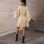 Womens Long Sleeve Dress Round Neck Elastic Waist Short Skirt Elegant Style for Casual Occasions