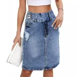 Fashionable Loose Denim Midi Skirt Womens Casual Style European and American Trend Perfect for S