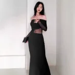 Off Shoulder Ruched Long Sleeve Dress Elegant French Style Autumn Fashion Sexy Silhouette Wholes