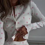 Floral Print Long Sleeve Loungewear Set Ruffled Edges Comfortable Fit Casual Style Perfect for S