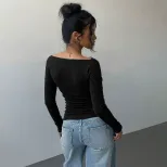 V Neck Long Sleeve Ribbed Knit Top Soft Fabric Slim Fit Solid Color Casual Wear for Women Wholes