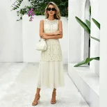 French Style Sleeveless Midi Dress Embroidered Jacquard Pleated Design Unique Aesthetic Summer F