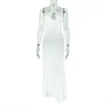 Summer and Autumn Womens Dress Slim Fit Solid Color Ruched Backless Cross Neck Elegant Party or