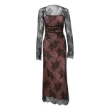 Womens Sleeveless Lace Maxi Dress Elegant Floral Design Long Sleeve Sexy Fit Perfect for Autumn