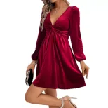 Velvet A Line Dress Sexy V Neck Long Sleeve Waist Cinching Autumn Winter Party Wear Wholesale Av
