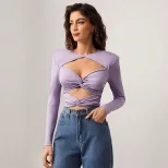 Sexy Hollow Out Long Sleeve Crop Top Slim Fit Milk Silk Fabric Trendy Design Perfect for Parties