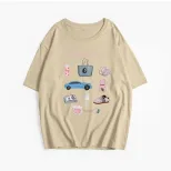 Womens Summer Loose Fit Cotton T Shirt Hand Painted Floral Print Casual Round Neck Short Sleeve