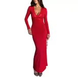 Red V Neck Lace Panel Long Sleeve Bodycon Mermaid Dress Elegant Sexy Slim Fit Perfect for Evenin