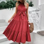 Elegant Solid Color Midi Dress Summer Style Halter Neck Comfortable Fabric Perfect for Casual Ou