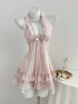 Polka Dot V Neck Cake Dress Bow Tie Neckline Waist Defined Womens Fashion Perfect for Parties an