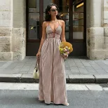V Neck Striped Backless Dress Fresh Vacation Style Lightweight Fabric Summer Wear Wholesale Avai