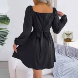 French Style Womens Dress Square Neck Pleated Waist Defining Slim Fit Autumn Winter Casual Wear