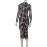 Fashionable Slim Fit Mesh Printed Ruched Bodycon Dress Long Sleeve High Neck Elegant Style Perfe