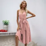 Polka Dot Midi Dress Sleeveless Tie Waist Pleated Design Casual Summer Wear Wholesale Available