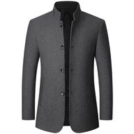 Mens Woolen Jacket Stand Collar Mid Length Warm Fabric Fall Winter Style for Middle Aged Wholesale Available