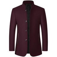 Mens Woolen Jacket Stand Collar Mid Length Warm Fabric Fall Winter Style for Middle Aged Wholesale Available