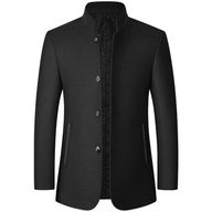 Mens Woolen Jacket Stand Collar Mid Length Warm Fabric Fall Winter Style for Middle Aged Wholesale Available