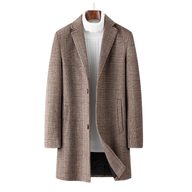 Mens Mid Length Plaid Wool Blend Overcoat Thickened Warm Stylish Perfect for Autumn and Winter Wholesale Available
