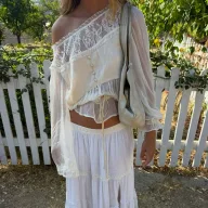 Womens Summer Blouse Off Shoulder Design Lantern Sleeves Lightweight Fabric Casual Wear