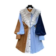 Retro Color Block Long Sleeve Shirt Dress for Women with Waist Tie Casual Summer Office Wear Wholesale