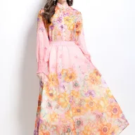 Floral Print Two Piece Set for Women Stand Collar Lantern Sleeve High Waist Maxi Skirt Vacation Style Wholesale