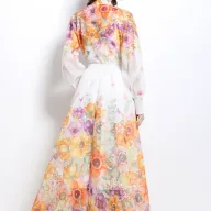 Floral Print Two Piece Set for Women Stand Collar Lantern Sleeve High Waist Maxi Skirt Vacation Style Wholesale
