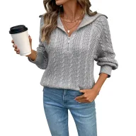Womens Gray Half Zip Sweater Casual Style with Collar Cozy Knit Fabric Available in Multiple Sizes Wholesale Supply
