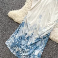 Floral Print Maxi Dress for Women Irregular Design Waist Cinching Summer Casual Wear Available in Blue and Multiple Sizes