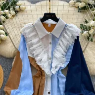 Retro Color Block Long Sleeve Shirt Dress for Women with Waist Tie Casual Summer Office Wear Wholesale