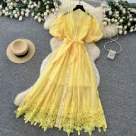 Lace Puff Sleeve A Line Dress for Women Breathable Summer Fabric Elegant Casual Wear