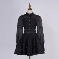 Womens Lantern Sleeve Button Up Shirt and A Line Skirt Set Casual Spring Summer Fashion Available in Multiple Colors