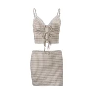 Womens Vintage V Neck Plaid Crop Top and Bodycon Skirt Set Casual Summer Outfit Available in Khaki Wholesale Sizes S to L