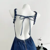 Summer Denim Dress Sexy Backless Design with Bow Tie Casual Wear for Women Ready to Ship bulk order