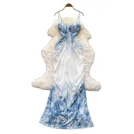 Floral Print Maxi Dress for Women Irregular Design Waist Cinching Summer Casual Wear Available in Blue and Multiple Sizes