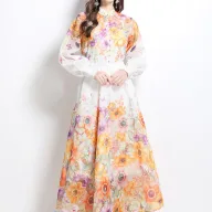 Floral Print Two Piece Set for Women Stand Collar Lantern Sleeve High Waist Maxi Skirt Vacation Style Wholesale