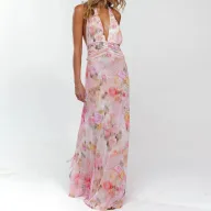 Summer Maxi Dress for Women Fashionable Floral Print Halter Neck Design Ideal for Vacation Wear Wholesale Available