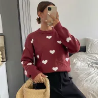 Womens Vintage Heart Pattern Sweater Round Neck Long Sleeve Knit Cozy Fall Winter Fashion