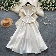 Lace Peter Pan Collar A Line Dress for Women in Red High Waist Elegant Long Dress for Summer Casual Wear Wholesale