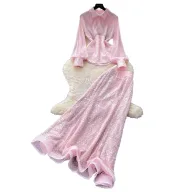 French Style Sequined Mesh Pleated Two Piece Set Waist Cinching Elegant Design Ideal for Spring and Autumn Wholesale